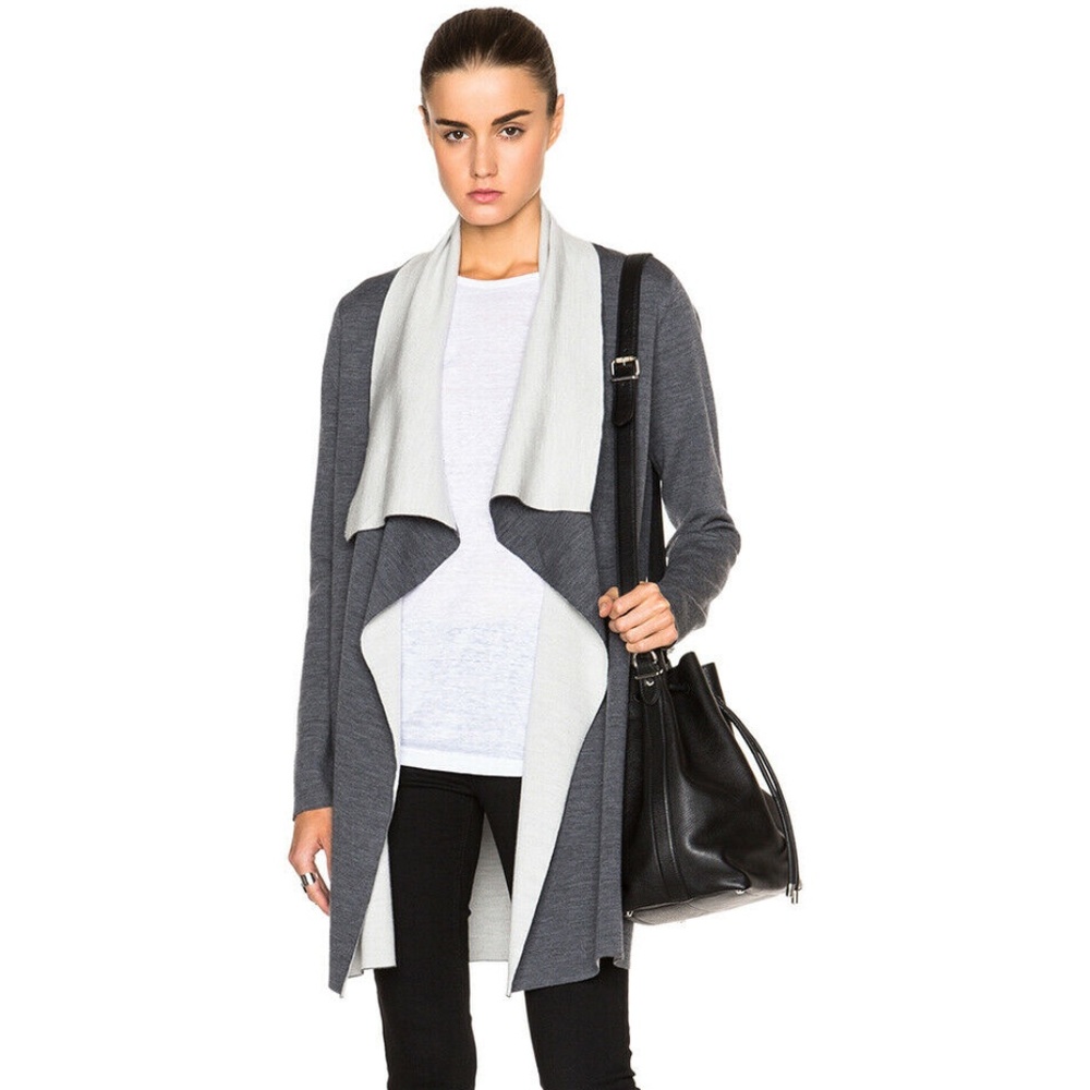 VINCE GREY MERINO WOOL BLEND TWO TONE DRAPE OPEN CARDIGAN SWEATER COAT M 6-8